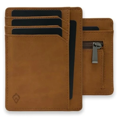 Abbildung von AKIELO Kartenetui mit RFID Schutz, Reißverschluss Münzfach und Geschenkbox Minimalistisch Herren Geldbörse Ultradünne Wallet (Bravo Hellbraune Ausgabe Reißverschluss)