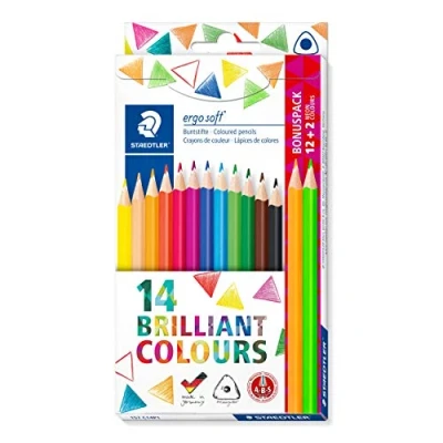 Abbildung von STAEDTLER Buntstifte ergosoft (erhöhte Bruchfestigkeit, ergonomische Dreikantform, rutschfeste Soft Oberfläche, Set mit 12 brillanten Farben, Bonuspack 2 Neon Kartonetui, 157 C14P1 ST)