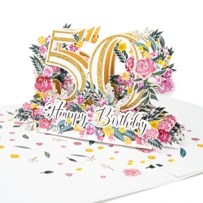 Abbildung von LIMAH® Pop Up 3D Grußkarte/Hochwertige PopUp Geburtstagskarte zum 50. Geburtstag/Happy Birthday Motiv/in weiß Gold/Groß mit Glitzer