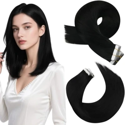 Abbildung von Moresoo Echthaar Extensions Tape Haarverlängerung Remy in Seamless Schwarz Unsichtbare Menschliches Haar #1 20 Stück 40 Gramm 14 Zoll/35 cm