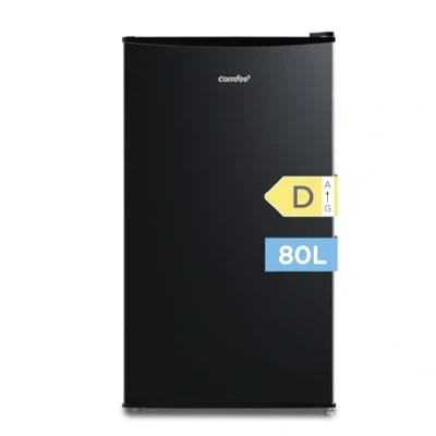 Abbildung von Comfee RCD80DK3(E) Kühlschrank mit Gefrierfach, 80L Kleiner Kühlschrank, Obst und Gemüsefach, 84.5 cm H, 47.5 B, 110 kWh pro Jahr, Einstellbare Temperaturregelung, Verstellbare Füße, Schwarz
