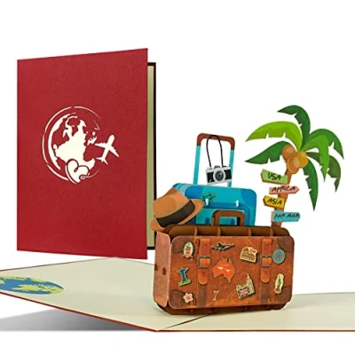 Abbildung von Reisegutschein, Gutscheinkarte mit Pop up 3D Koffer für Urlaub I Geschenk eine Weltreise, Kreuzfahrt, Reise, Hotel Schöne Geschenkidee, C28