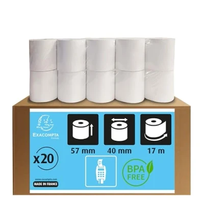 Abbildung von Exacompta 5740100SE 20er Pack Thermopapierrollen 1 lagig Breite: 57mm, Länge: 17m, Durchmesser Kern: 12mm 55g/m² Thermorolle für Kartenzahlung (EC Cash Geräte)