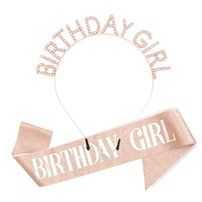Abbildung von DRESHOW Geburtstag Mädchen Stirnband Tiara mit Schärpe Prinzessin Krone Strass Happy Birthday Zubehör für Damen