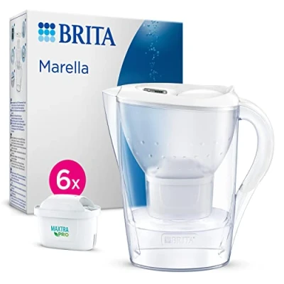 Abbildung von BRITA Wasserfilter Kanne Marella weiß (2,4l) inkl. 6x MAXTRA PRO All in 1 Kartusche (Halbjahrespaket) reduziert Kalk, Chlor, Blei, Kupfer &amp; geschmacksstörenden Stoffen im Leitungswasser