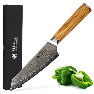 Abbildung von Wakoli Oribu Kiritsuke Kleines Chefmesser I 15 cm Klinge AUS 67 Lagen Damaststahl, 10 Stahlkern, Olivenholzgriff Profi Küchenmesser, inkl. Geschenkbox, Scharf und langlebig