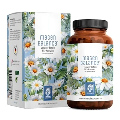 Abbildung von NATURTREU® Magenbalance Betain HCL Komplex vegan mit Pepsin, Kamille &amp; Chlorid Unterstützung von Magensäure und Verdauung* Vollspektrum Enzym Kapseln hochdosiert