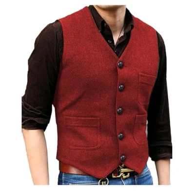 Abbildung von Solovedress Mens Vintage Classic Wolle Anzugweste Formale Regular Fit Weste Anzug für Hochzeit Groomsmen(Red,L)