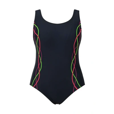 Abbildung von Ulla Popken Damen Badeanzug, Pipings, Unterbrustband, Vorderfutter, Marine, 44 EU