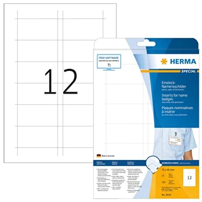 Abbildung von HERMA 9010 Namensschilder für Kleidung perforiert, 25 Blatt, 75 x 40 mm, 12 pro A4 Bogen, 300 Stück, bedruckbar, nicht klebende Karton Einsteckkarten mit Perforation, weiß
