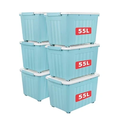 Abbildung von Cetomo 55L*6 Aufbewahrungsboxen mit Deckeln, Kunststoff Aufbewahrungsbox Rollen und Clips, Kunststoffbox für Zuhause Büro, BPA frei, Nestbar, Stapelbar, Blau, 55L 6er Pack