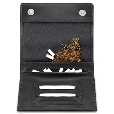 Abbildung von Indian Pearl Echtleder Tabaktasche mit extra Reißverschlußfach I Handgemachter Tabakbeutel Drehertasche Leder, Tobacco Pouch, Drehbeutel, Drehtabak (Schwarz/Schwarz)