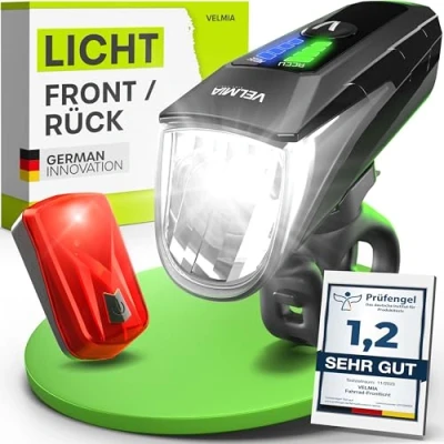 Abbildung von Velmia Fahrradlichter Set StVZO zugelassen mit USB Akku Betrieb und 8,5h Leuchtdauer I LED regenfest aufladbar Fahrrad Licht, Zubehör, vorne + rücklicht