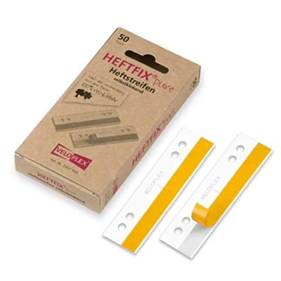Abbildung von VELOFLEX 2002500 Heftfix Heftstreifen pure, 105 mm lang, FSC zertifiziertes Papier, selbstklebend, Lochabstand 60 &amp; 80 mm, zum Abheften von Mustern, Zeichnungen, Bildern usw, 50er Packung weiß