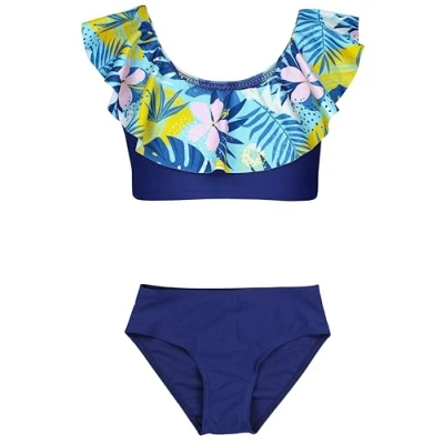 Abbildung von Aquarti Mädchen Bikini Set Bustier Bikinislip Zweiteiliger Badeanzug, Farbe: 037 Rüsche Grün Gelb Blätter Blau, Größe: 134