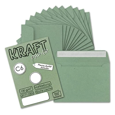 Abbildung von 50x Briefumschläge DIN C6 Kraftpapier Grün Vintage Recycling Kuverts mit Haftklebung 114 x 162 mm