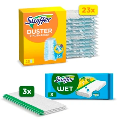 Abbildung von Swiffer Trap &amp; Lock Set Mit 23 Staubmagneten Box, Nimmt 3x Mehr Staub Und Haare Im Vergleich Zu anderen Herkömmlichen Staubwischmethoden Auf (+3 Feuchte Bodentücher als Probepackung)