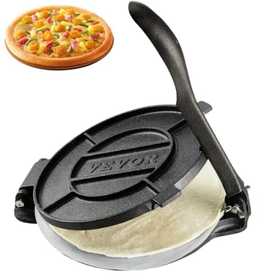 Abbildung von VEVOR Tortilla Presse, 20 cm Taco Robuste Gusseisen Tortilladora Vorgewürzte Maker Hersteller mit 100 Stk. Pergamentpapier, Teigmaschine für Mehl Tortilla, Schwarz