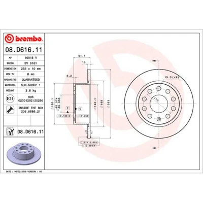 Abbildung von BREMBO 08.D616.11 Bremsscheibe 253 10 9 voll beschichtet mit Schrauben SKODA: Octavia 3 Combi, Schrägheck