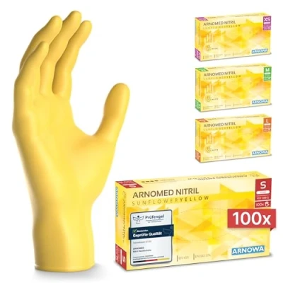 Abbildung von ARNOMED Einweghandschuhe Gelb 100 Stück/Box, Einmalhandschuhe S, Nitrilhandschuhe, Handschuhe Einweg puderfrei, latexfreie Gummihandschuhe, in XS, M &amp; L verfügbar