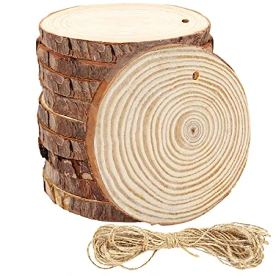 Abbildung von Kurtzy 10 Stk Naturbelassene Kleine Holzscheiben mit Löchern &amp; Schnur 12 cm Durchmesser, mm Dick Rustikale zum Basteln Deko Baumscheiben Rinde für DIY Weihnachten