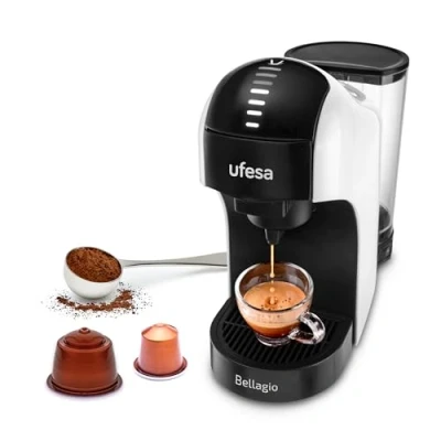Abbildung von Ufesa Bellagio Multikapsel Kaffeemaschine 4 in 1 für Nespresso Original Kapsel, Dolce Gusto oder gemahlenen Kaffee, Digitales Touchpanel mit 7 Stufen, 1L Wassertank, 1400W, 15 Bar Druck, Kompakt