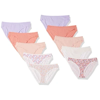 Abbildung von Amazon Essentials Damen Bikinihose aus Baumwolle (in Übergröße erhältlich), 10er Pack, Floral/Kariert/Mehrfarbig/Streublumen, 42