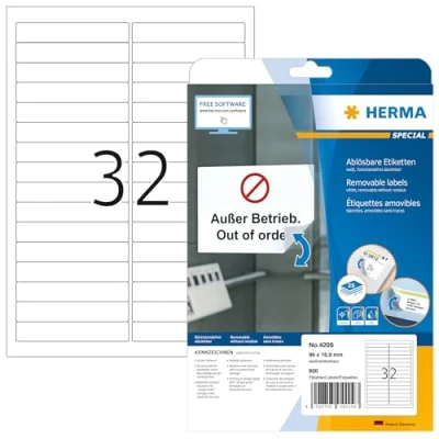 Abbildung von HERMA 4209 Universal Etiketten ablösbar, 25 Blatt, 96 x 16,9 mm, 32 pro A4 Bogen, 800 Stück, selbstklebend, bedruckbar, matt, blanko Papier Klebeetiketten Aufkleber, weiß