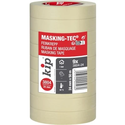 Abbildung von kip 3804 Malerkrepp im 9er Pack Kreppband für Malerarbeiten und Dekoration Abklebeband Malervlies &amp; Abdeckfolie 24 mm x 50 m