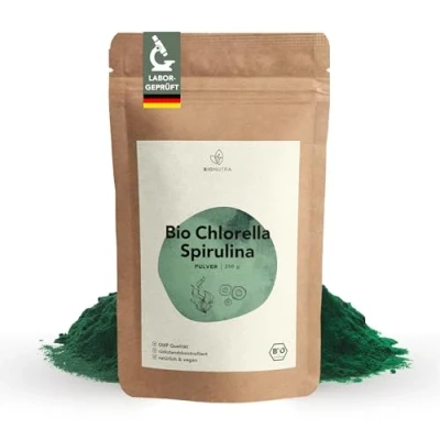 Abbildung von BIO Chlorella Spirulina Pulver 250 g, rückstandskontrolliert, nach EU ÖKO Standard hergestellt, vegan, laktose &amp; glutenfrei, ohne Zusätze, Bio,