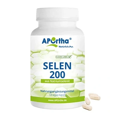 Abbildung von APOrtha® Selen, 120 vegane Kapseln mit je 200µg aus Natriumselenit, hochdosiert und leicht zu schlucken, allergenfrei, vegan, glutenfrei, Alternative Tropfen Tabletten