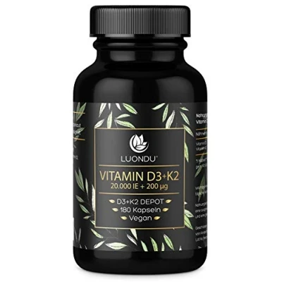 Abbildung von Luondu Vitamin D3 20.000 I.E + K2 MK7 200 mcg Depot (180 Kapseln hochdosiert &amp; Vegan) I Ohne Zusätze, Hergestellt in DE