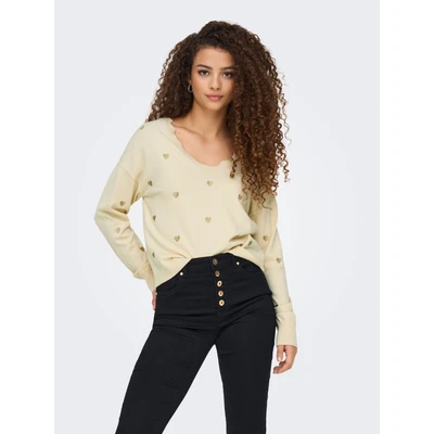 Abbildung von ONLY LS Heart Vneck CS Strickpullover, Damen, Größe: Small, Birch pattern light gold embroidery