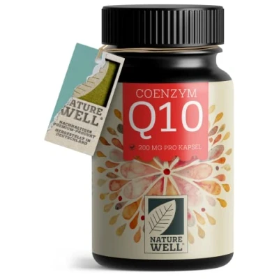 Abbildung von Q10 Kapseln hochdosiert 120x mit 200mg Coenzym pro Kapsel, hochwertiges vegan aus Fermentation, ohne unerwünschte Zusätze, Vorrat für 4 Monate NatureWell