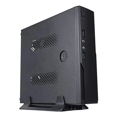 Abbildung von UNYKAch ITX UK1003 Mini Computergehäuse mit Zwei USB 3.0 Anschlüssen an der Vorderseite und VESA Halterung für vertikale Positionierung