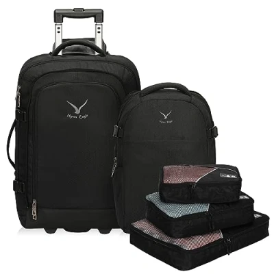 Abbildung von Hynes Eagle 2 in 1 Reisetasche 63L Handgepäck Rucksack Reiserucksack Trolley Wheeled mit abnehmbarem Daypack und Packing Cubes 56x36x41cm Schwarz