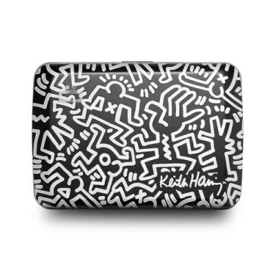 Abbildung von OGON Aluminium Geldbörse Smart Case V2 Einfache Lagerung Metallverschluss Kartenetui mit RFID Schutz Bis zu 10 Karten und Banknoten (Gravur Keith Haring White)