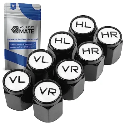 Abbildung von Ventilkappen aus Hartplastik, 8 Stück, in Schwarz, mit Beschriftung für Deutschland, Auto BZW. Schrader Ventile, Reifenmarkierer PKW, Radmerker Dichtung, Reifenwechsel Valve Caps