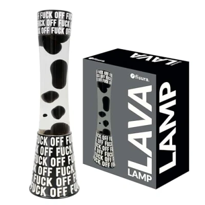 Abbildung von Fisura Lavalampe f*ck off. Schwarzer Sockel Mit Schriftzug, transparente Flüssigkeit und schwarze Lava. Entspannender Effekt. Ersatzglühbirne. 11 cm x 39,5 cm.