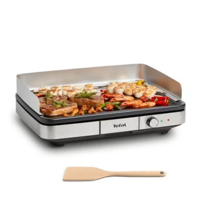 Abbildung von Tefal Maxi Plancha Elektro Tischgrill CB690D Extra groß Antihaft Teppanyaki Platte Leichte Reinigung Innen und außen nutzbar Inkl. abnehmbarem Windschutz + Spatel 2300W, Schwarz/Silber