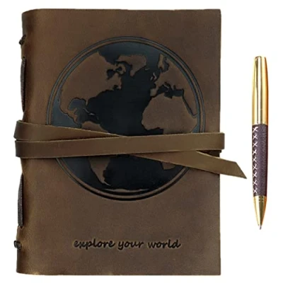 Abbildung von Leder Notizbuch A5 Tagebuch Journal Geprägt Welt Handgefertigte Reisetagebuch, Vintage Notebook Für Männer Frauen Antik Rustikal Echtes 21X15Cm Geschenk Sketchbook Reisende Travelers