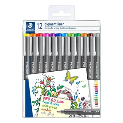 Abbildung von STAEDTLER bunte pigment liner, dokumentenechte Pigmenttinte, lange Metallspitze, Linienbreite 0,5mm, Lebensdauer, 12 Liner in unterschiedlichen Farben, 308 S TB12