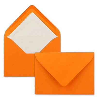 Abbildung von 50 Briefumschläge in Orange mit weißem Innenfutter Kuverts DIN B6 Format 12,5 x 17,6 cm Seidenfutter Nassklebung