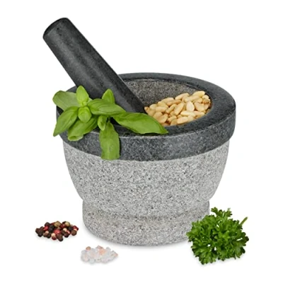 Abbildung von Relaxdays Mörser mit Stößel, Granit, runder Steinmörser, HxD: 10 x 14 cm, Gewürze &amp; Kräuter, schwerer Gewürzmörser, grau