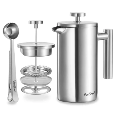 Abbildung von VonShef Edelstahl French Press für 6 Tassen, 800 ml Doppelwandiger Kaffeebereiter mit Messlöffel/Beutelverschluss, Spülmaschinengeeignete Thermo Schieber