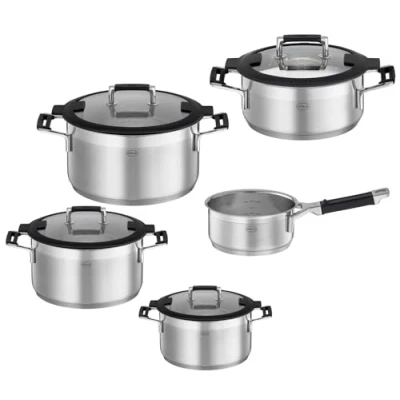 Abbildung von RÖSLE SILENCE PRO Topf Set 5 tlg., Universaltopfset mit 3 Kochtöpfen, 1 Bratentopf und Stielkasserolle, Edelstahl 18/10, Glasdeckel, Innenskalierung, induktions spülmaschinengeeignet