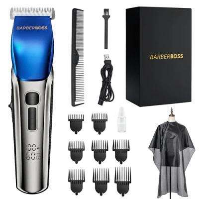 Abbildung von BarberBoss Bartschneider für Männer, Haarpflegeset mit 4 Geschwindigkeitseinstellungen, Keramikklinge, 8 Kammaufsätzen LED Anzeige, USB Aufladung, wasserdicht, Herren Haarschneider, QR 2083
