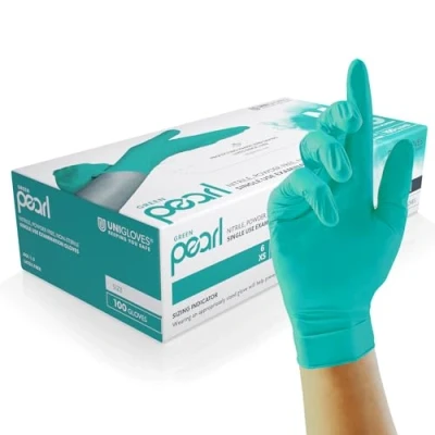 Abbildung von UNIGLOVES Pearl Nitrile Handschuhe, Grün, Größe M (Packung mit 100 Stück)