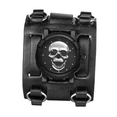 Abbildung von JewelryWe Herrenuhr Totenkopf Echtleder Uhr: Vintage Punk Halloween Schädel Armbanduhr Herren Schwarz Breit Lederarmband Biker Sport Lässige Uhr für Männer Junge