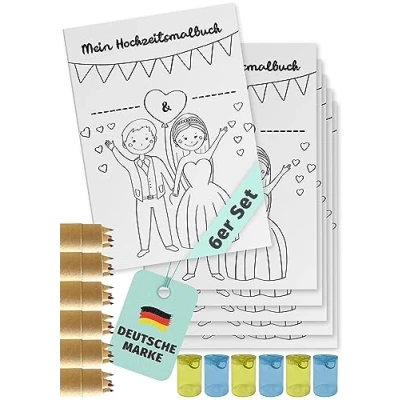 Abbildung von von Rafenstein Hochzeitsmalbuch für Kinder 6er Set Ausmalbuch zur Hochzeit mit Buntstiften &amp; Spitzern Kindermalbuch 28 Seiten